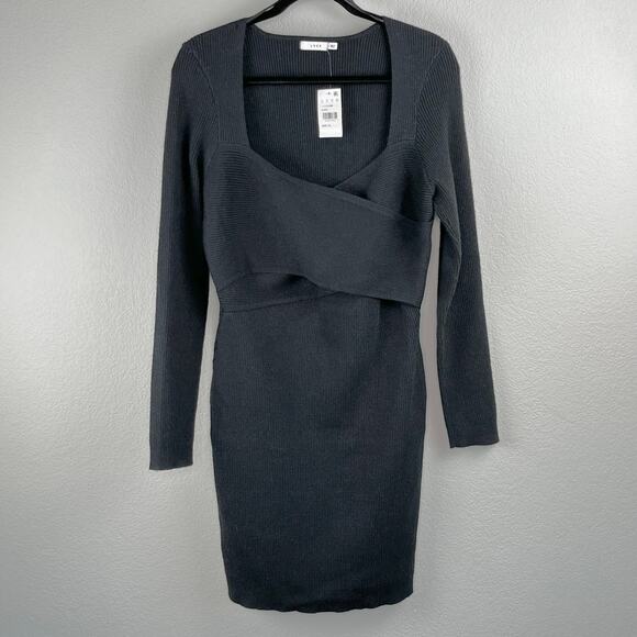Lush Black Ribbed Knit Long Sleeve Crossover Mini Sweater Dress Large NWT - Picture 10 of 11